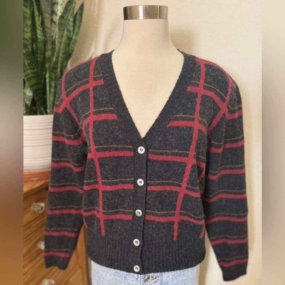 Vintage Lambswool Angora Plaid Cardigan 80s Evan Picone M Academia